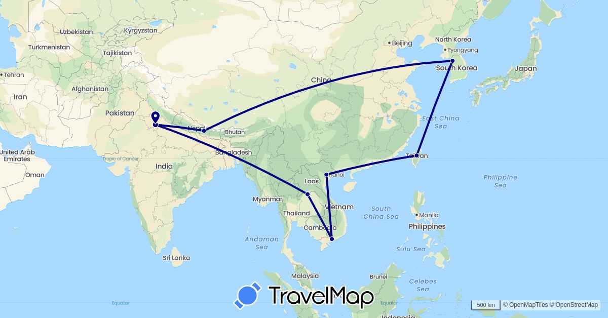 TravelMap itinerary: driving in India, South Korea, Laos, Nepal, Taiwan, Vietnam (Asia)